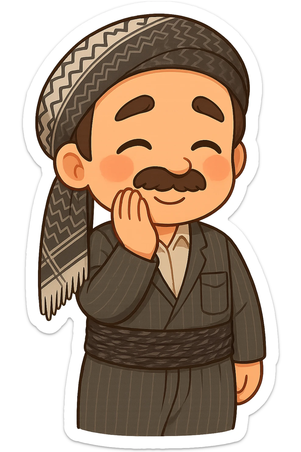 Cartoon sticker of a Kurdish man with the same clothes and scarf as the reference image, no changes to clothes or scarf, face showing a shy expression, one hand on the cheek, head slightly lowered, colorful and cheerful, no shadows or color halos around the image, no text, suitable for WhatsApp and Instagram, fully transparent background. sticker