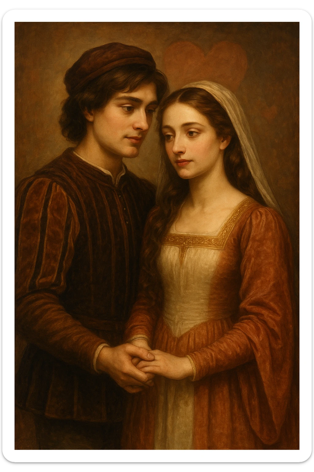 Romeo and Juliet as a romantic couple, classic Shakespearean attire, standing together, soft lighting, subtle heart motif, elegant and timeless style sticker