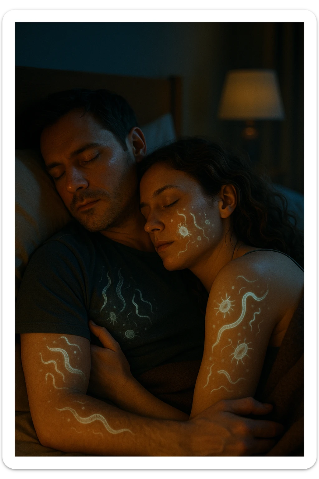 A hyper-realistic, cinematic image of a man and a woman sleeping together in the same bed under soft, dim night lighting, with their bodies close and touching. Their skin appears slightly illuminated where it touches, and under a subtle x-ray style overlay, faint ghostly silhouettes of microscopic parasites and worm-like organisms are visible crawling transdermally between their bodies, symbolizing silent, unnoticed parasite transmission during sleep. The environment is a cozy bedroom with warm tones, but the presence of the glowing parasites creates a slightly unsettling feeling, emphasizing the hidden danger. Their faces are calm, unaware, symbolizing the unconscious nature of the transmission. The image is detailed with a 35mm film hyperrealistic aesthetic, focusing sharply on the point of contact between their skin where the parasites pass, while the background remains softly blurred. The color palette uses muted warm browns and soft moonlight blues to maintain a nighttime, intimate feeling, contrasting with the translucent, glowing parasites to illustrate the hidden risk of transdermal parasite transmission while sharing a bed sticker