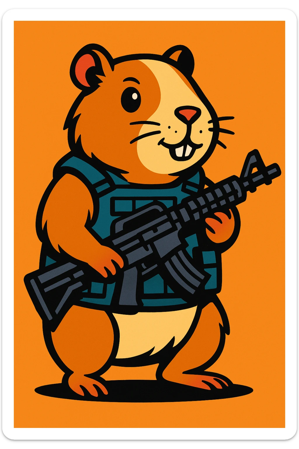 detailed cartoon of a guinea pig in tactical vest, holding a rifle, full body sticker