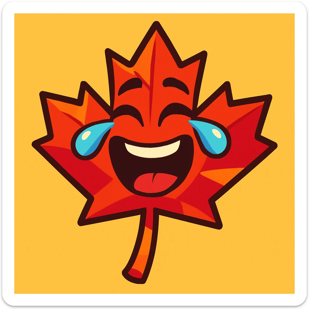 laughing maple leaf with tears coming out of eyes, vibrant toon style sticker