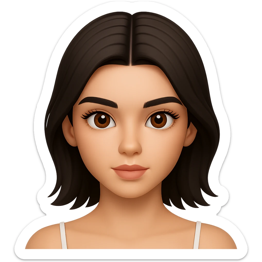 Edit the female face with short dark hair, center part, brown eyes in Apple emoji style with a 3D look and soft shading. Create a neutral expression. Transparent background. sticker