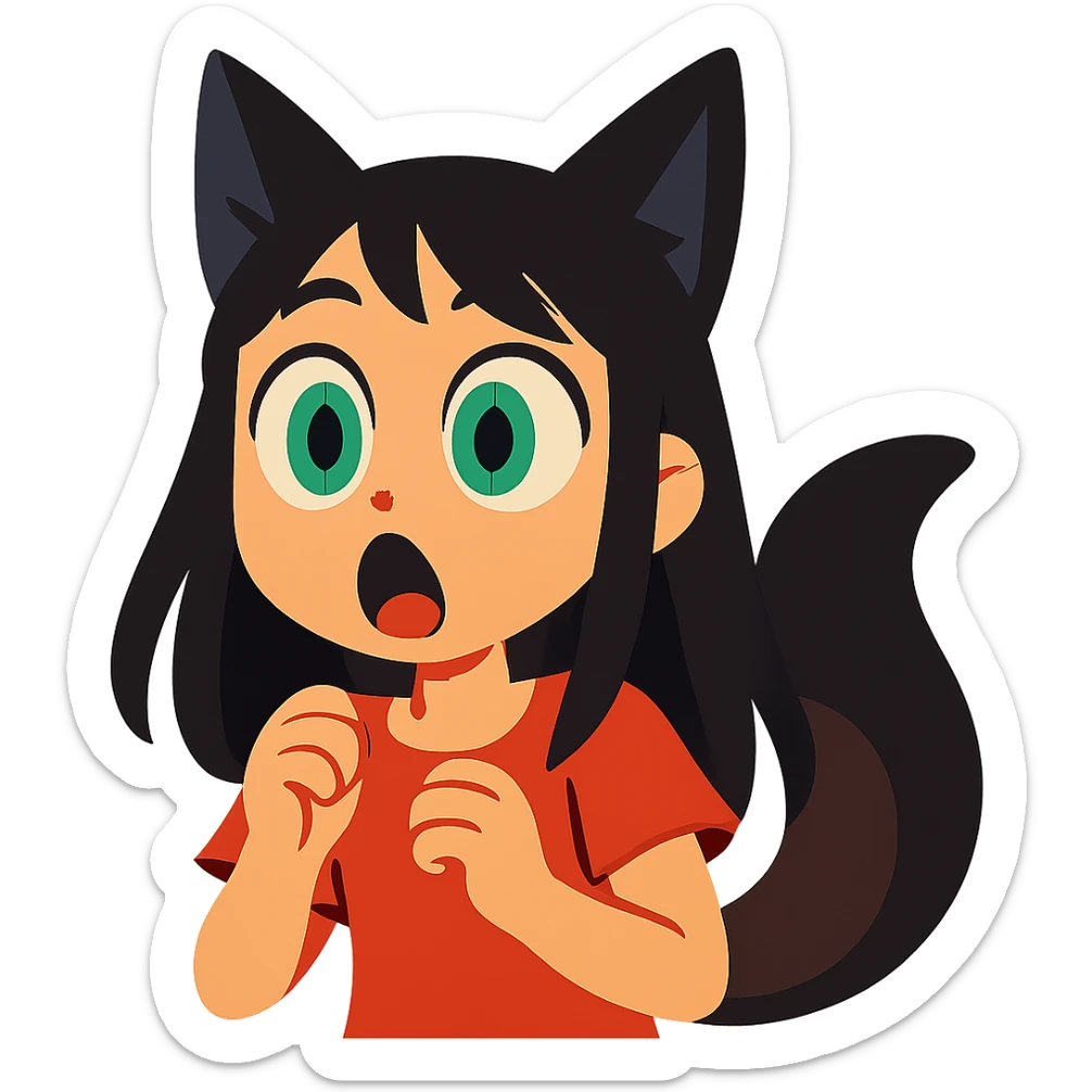 a surprised girl with huge green eyes, black fox ears, and a tail, dark hair sticker