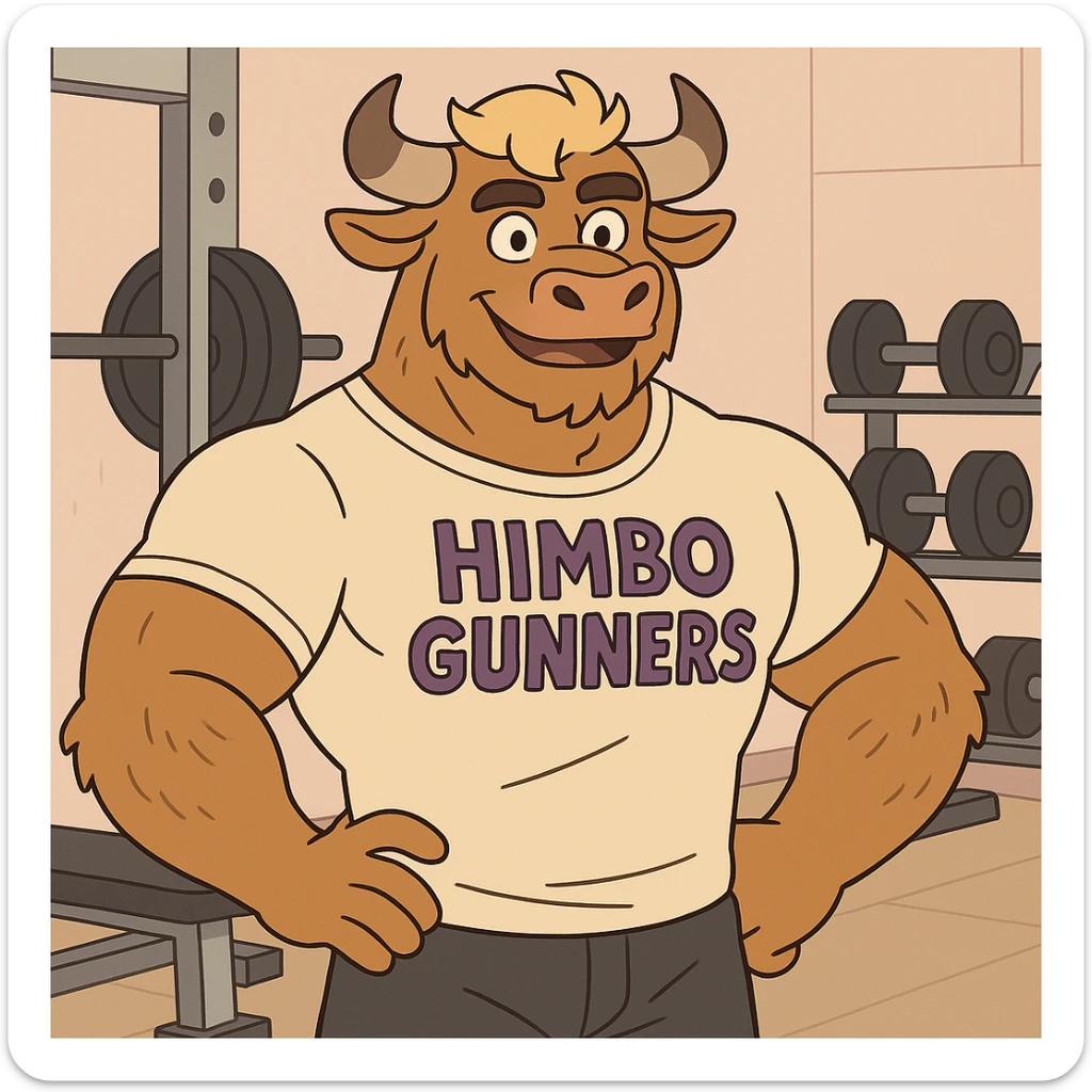 muscular furry character wearing a t-shirt that says 'Himbo Gunners' in a gym setting sticker