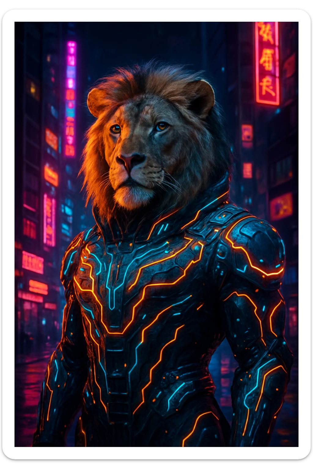 a lion in a cyberpunk suit with glowing circuitry, urban night vibe, cyberpunk aesthetic, neon lights sticker