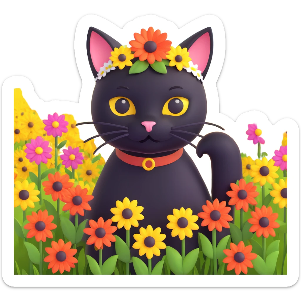 a black cat with a flower on its head in a field of flowers, monochrome sticker