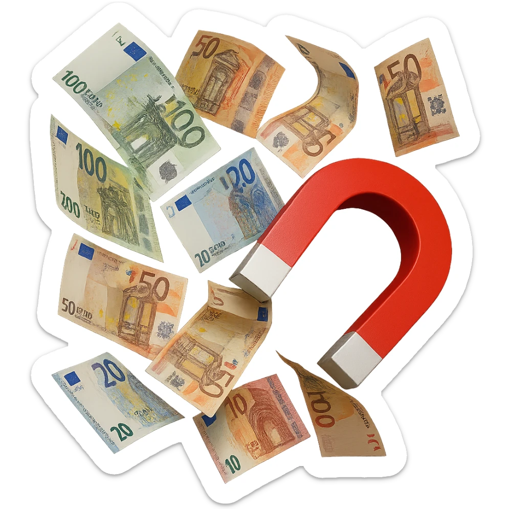 banconote di euro fluttuano vicino ad una calamita rossa, sono attratte, iperrealistico 4k sticker