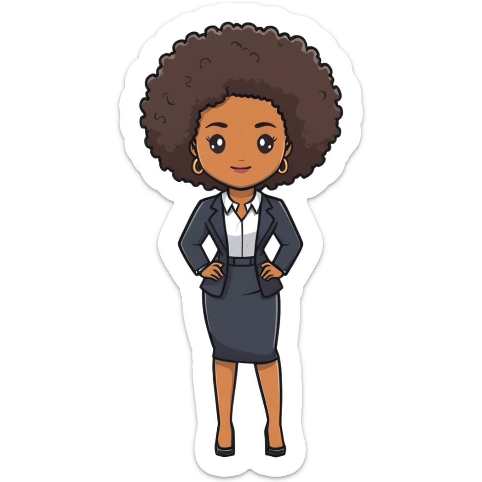 Elegant African career woman with natural curly afro hair, corporate outfit, professional demeanor sticker