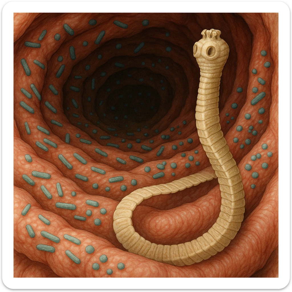 a medical illustration of a human realistic gut with bacteria and parasyte (tenia) realistic  sticker