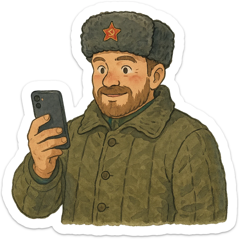 ghibli style illustration of a Russian military blogger in ushanka and vatnik, holding a phone sticker