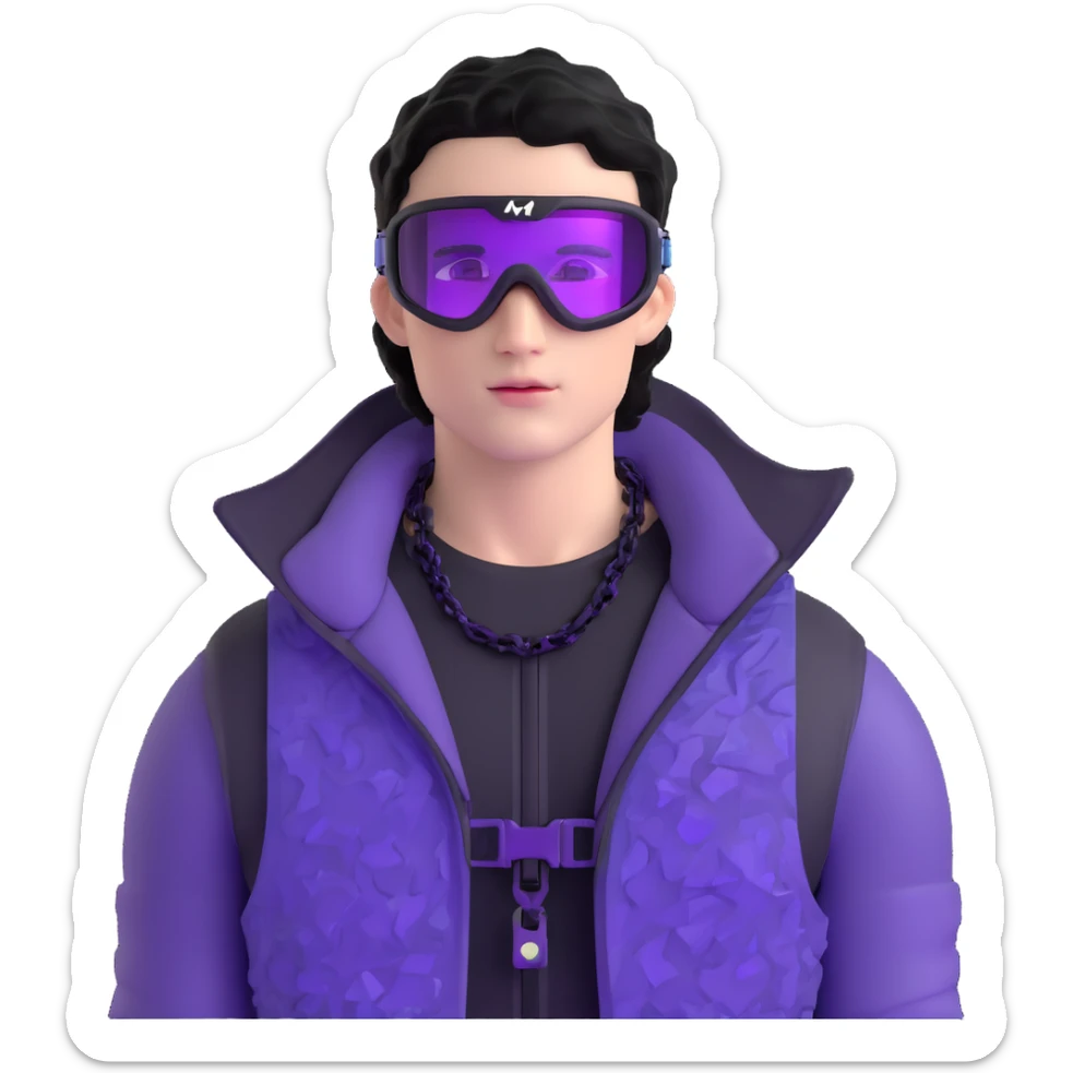 male athlete with white skin and moderately curly black hair on top with shaved sides, wearing ski goggles with purple frames and very dark black lenses, a simple plain black chain necklace, and a completely unzipped shiny vest with purple and black sequin fire pattern design, fully revealing his chest and abs, no earrings sticker