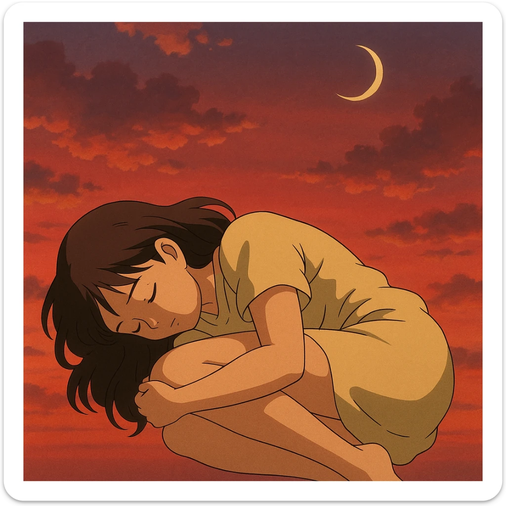 mujer en posición fetal, descansando, fondo de cielo rojizo, luna nueva, estilo ghibli sticker