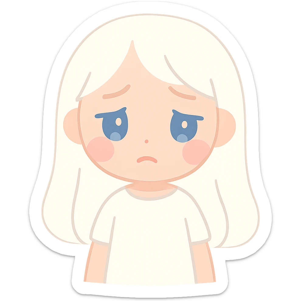 A girl with long white hair, blue eyes, sad and tired, wearing a white dress. sticker