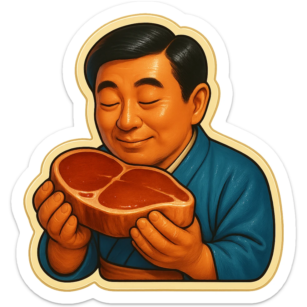 A Japanese man in traditional kimono with a loving look holds a steak in his hands, preparing to eat it sticker