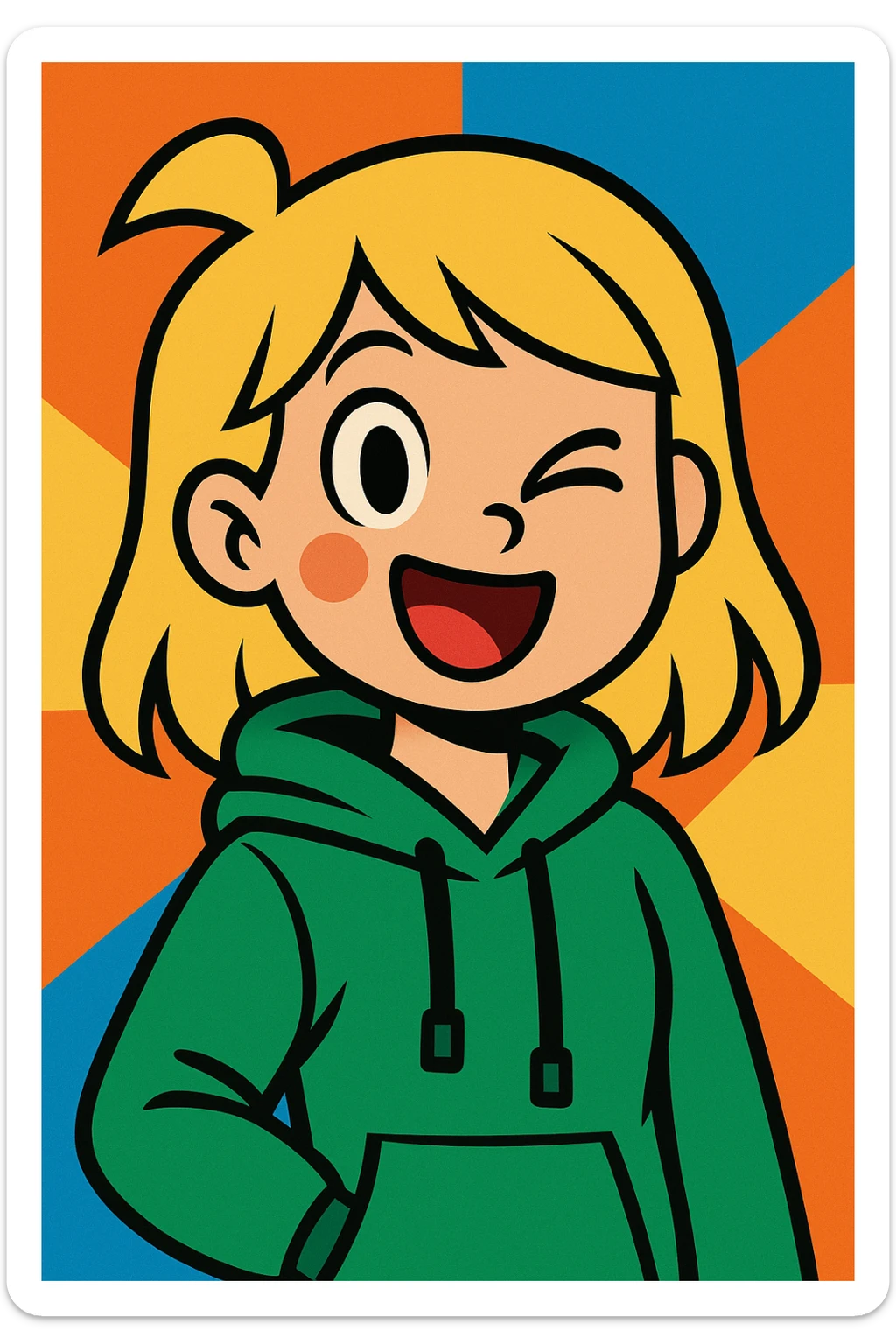 a blonde girl in a green hoodie winking sticker