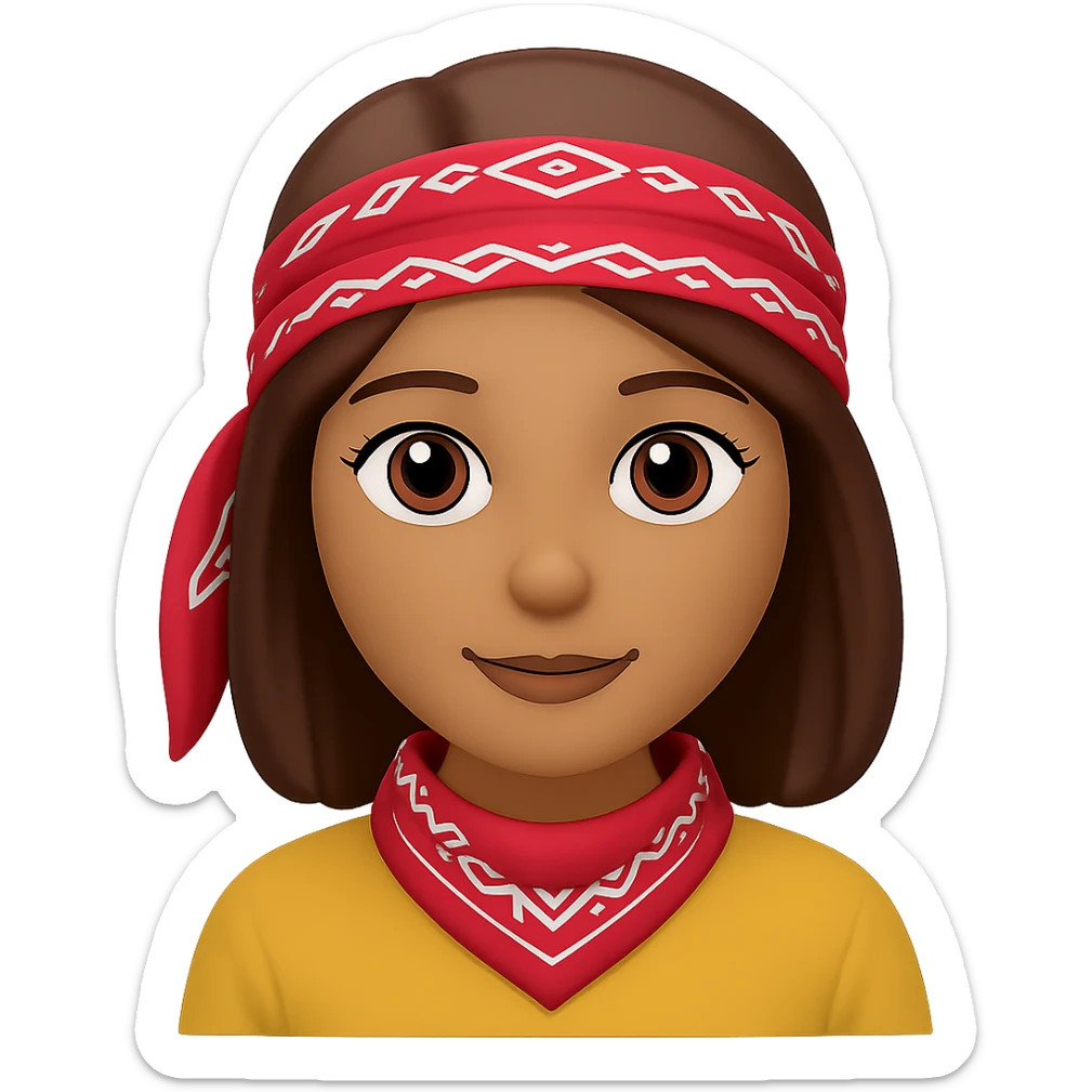 Create an image of a woman with a bandana and brown hair in the style of Apple emojis, with no background. The style should mimic the look of Apple emojis. sticker