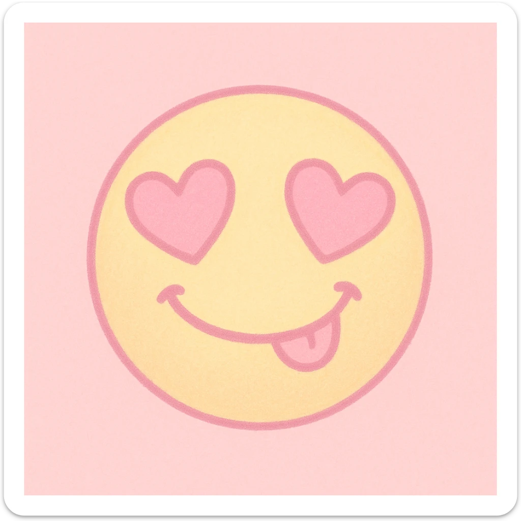 cute emoji, heart eyes, playful grin, pastel pink and yellow sticker