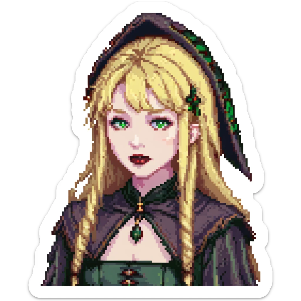 young witch, fair skin, long blonde hair with bangs, green eyes, dark lipstick, pixel art sticker