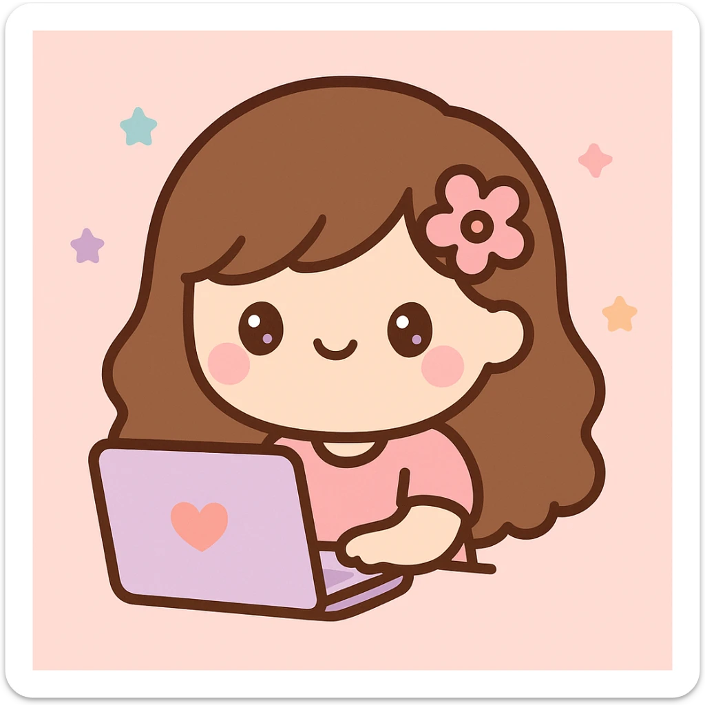 a girl with brunette hair and a pink flower clip in her hair working on a laptop, cute kawaii style sticker