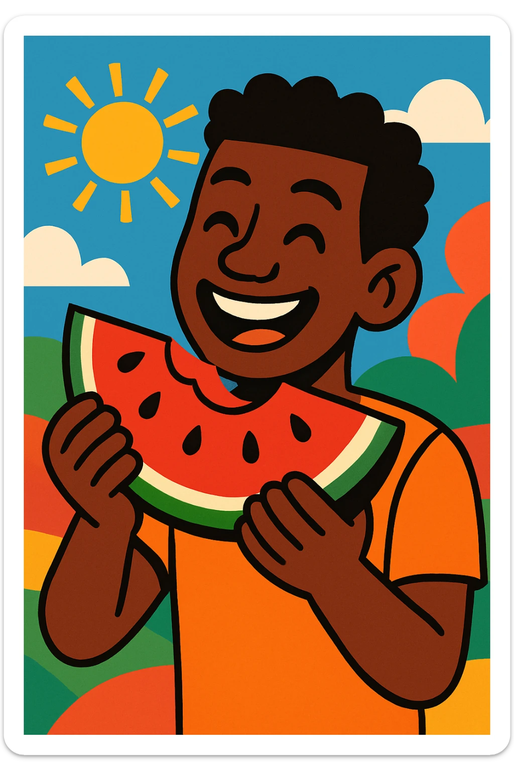 a Black person enjoying watermelon, smiling, vibrant and cheerful, modern illustration sticker