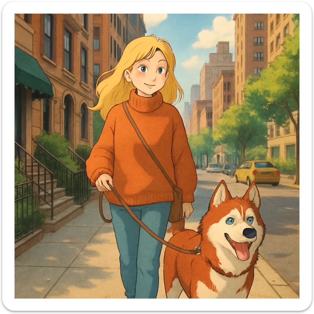 Cute Blonde woman wearing a sweater walking a happy red-brown blue-eyed Siberian husky in New York City on an upper east side city sidewalk  sticker
