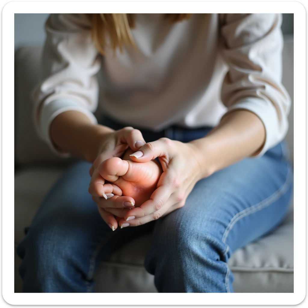 adult woman sitting holding painful foot, pain also in knees, caused by orthotic insole, realistic style, natural details, light background sticker