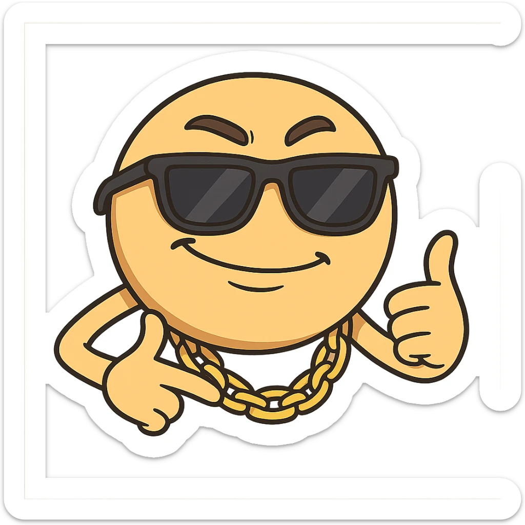 emoji with sunglasses and gold chain, cool attitude, hip hop cartoon style sticker