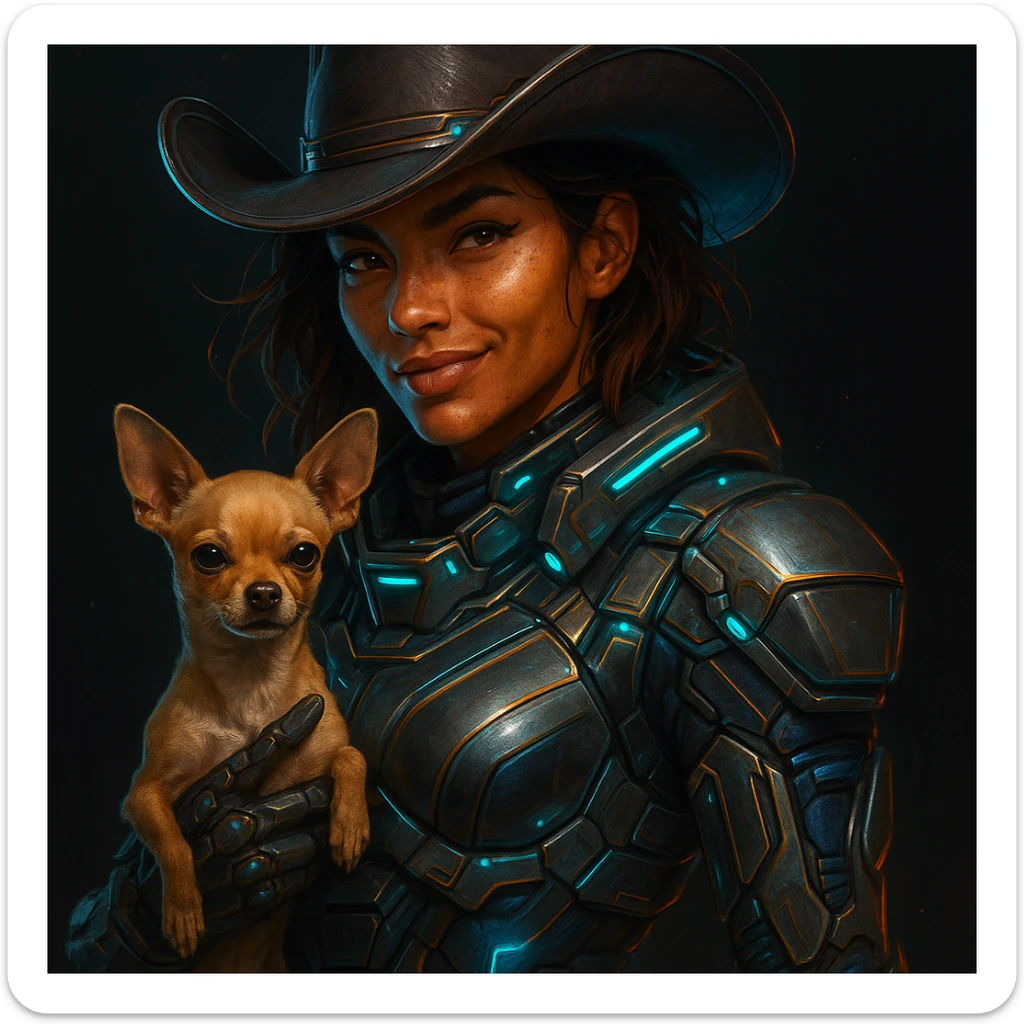 Portrait of a tanned female cowboy with subtle freckles, brown hair with auburn highlights, rebellious and playful expression, futuristic style, holding a beige-brown chihuahua, dark background, illustration with high-tech elements, metallic colors and neon lights sticker