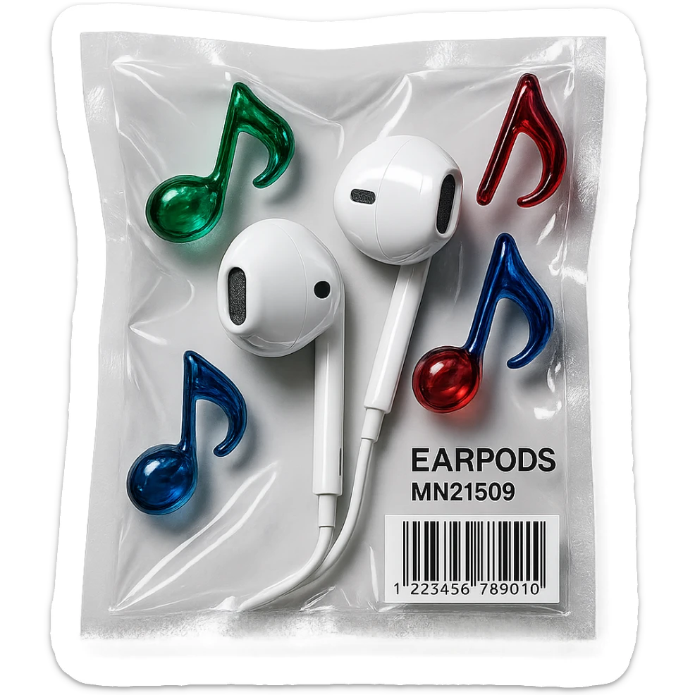 pair of white EarPods with three floating glass music notes in deep jewel tones (emerald, sapphire, ruby), shiny and puffy sticker