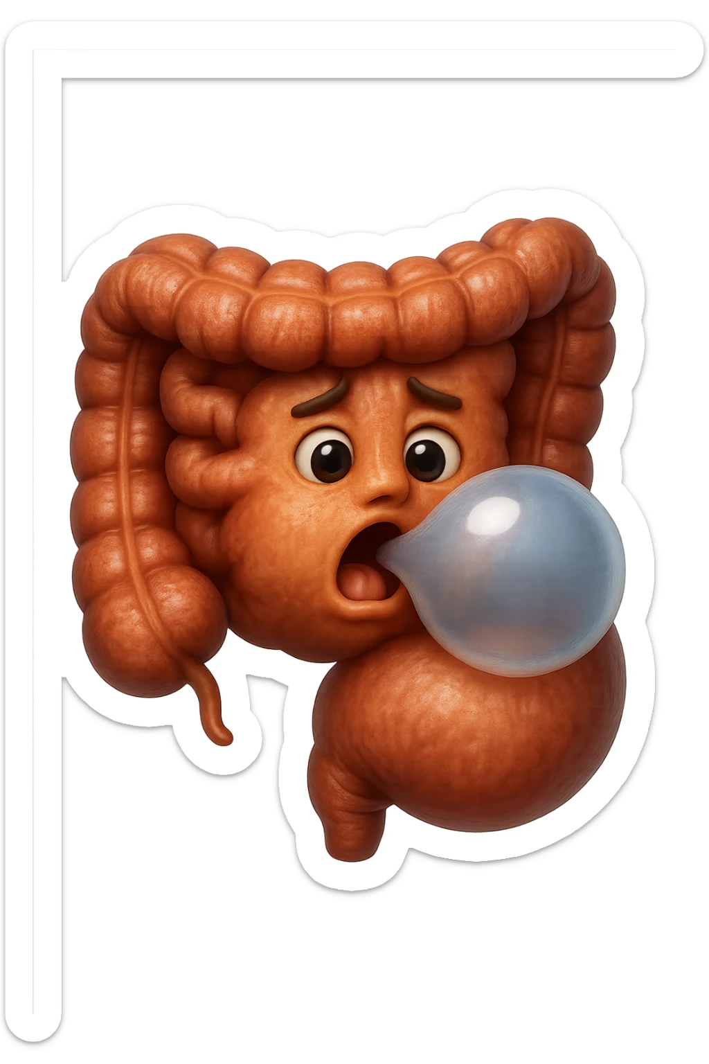 emoji stile iphone di un intestino che ingoia una nuvoletta di aria ben visibile e gli si gonfia la pancia, non fargli il naso, iperrealistico 4k sticker