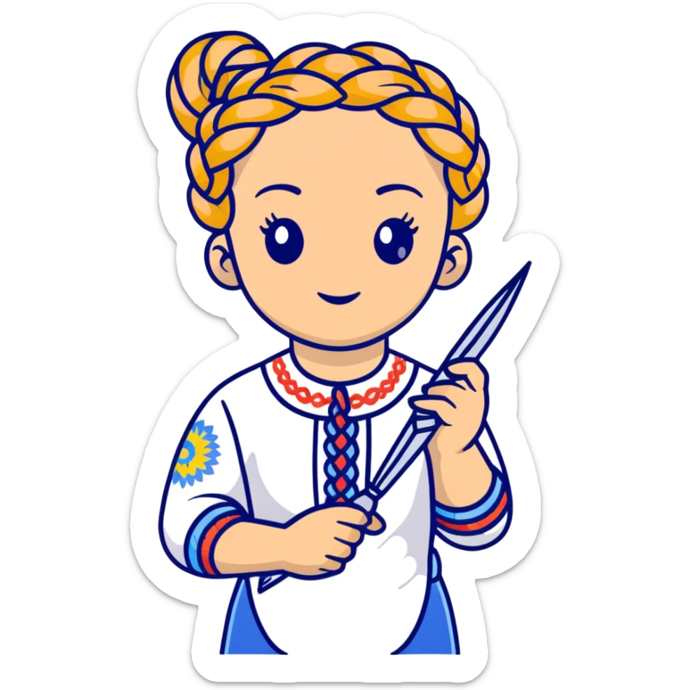 Ukrainian young girl with braided hair wearing a white embroidered traditional shirt (vyshyvanka) holding scissors and colorful craft paper sticker