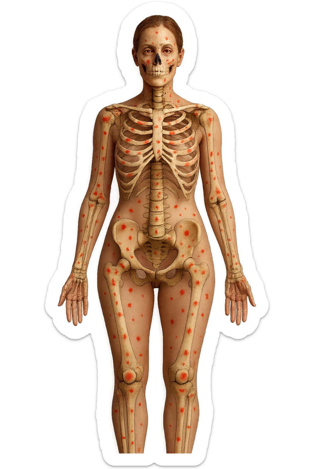 corpo umano anatomico di una donna affetta da fibromialgia, red spot sparsi sulle sue ossa, iperrealistica 4k sticker