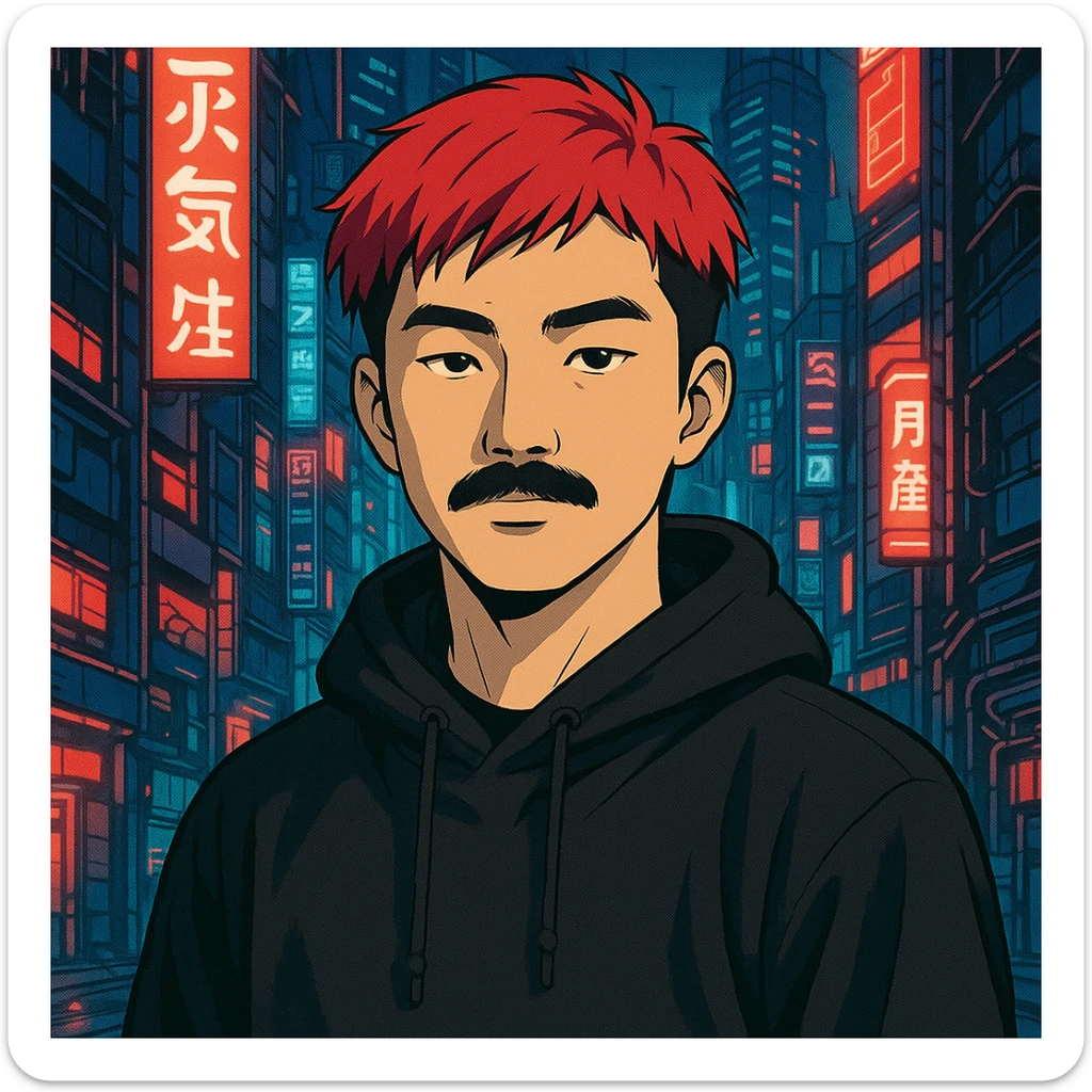 Asian man with black mustache, red hair, black hoodie, futuristic city background, Japanese cyberpunk anime style sticker