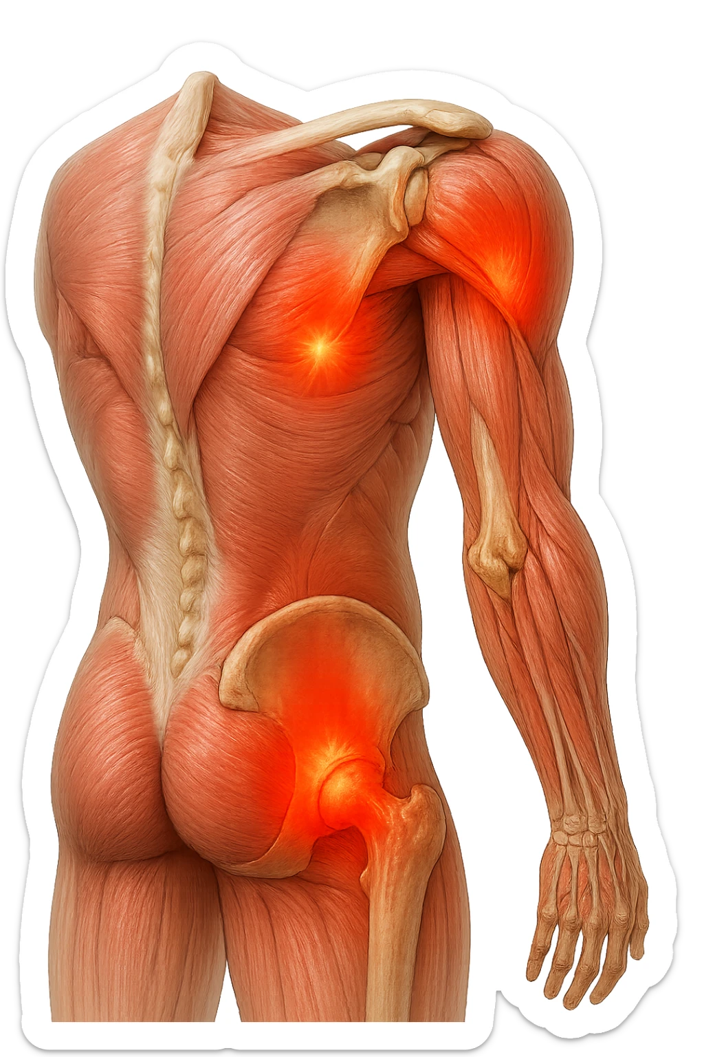 CORPO UMANO ANATOMICO REALISTICO DI SPALLE CON DOLORE ALLA LOMBARE INFIAMMATA, DOLORE ALL'ANCA, IPERREALISTICO 4K sticker