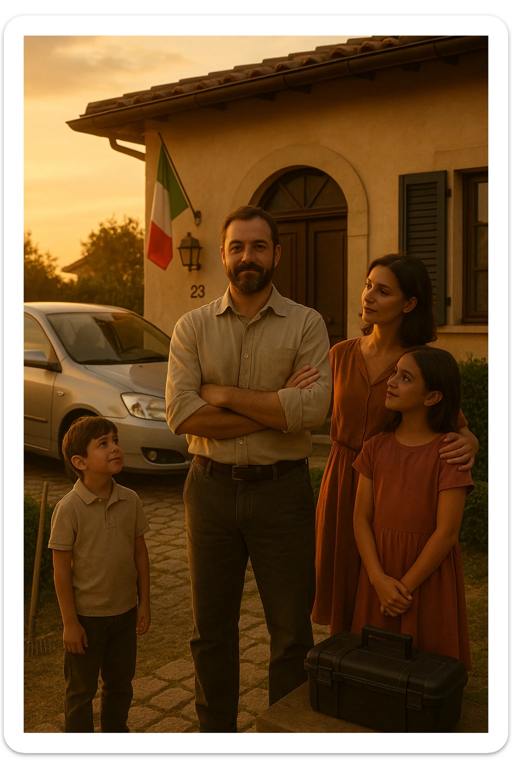 Uomo tra i 35 e i 45 anni, in piedi con postura fiera davanti alla sua casa, circondato dalla famiglia: moglie e figli lo guardano con rispetto e affetto. Indossa abiti semplici ma ordinati, simbolo di lavoro e stabilità (camicia, pantaloni, magari una cassetta degli attrezzi o una valigetta vicino). Sullo sfondo elementi che richiamano i suoi ruoli: casa ordinata, auto familiare, strumenti di lavoro, simboli di protezione e presenza. Espressione serena, forte ma accogliente. Colori caldi, luce naturale del tramonto. Stile realistico, atmosfera rassicurante e simbolica in italia, immagine realistica sticker