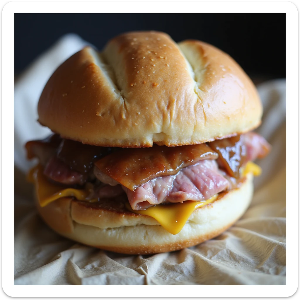 A traditional Bavarian sandwich with a thick slice of Leberkäse, golden-brown outside, juicy and slightly pink inside, in a crusty round white bread roll (Kaisersemmel), lightly floured, with a dab of sweet Bavarian mustard. Realistic, appetizing, and detailed. sticker