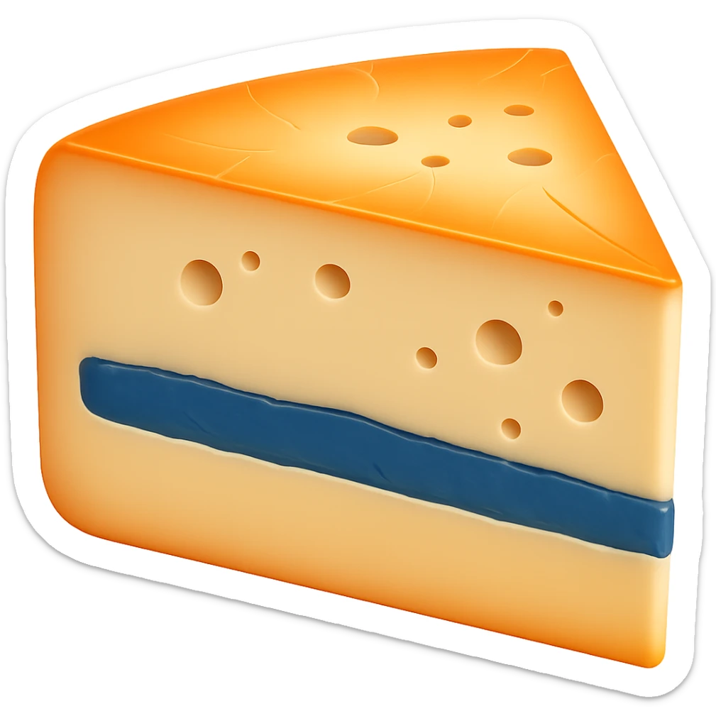 Make the blue-grey ash line in the center of the Morbier cheese wedge noticeably thicker, keeping the rest of the cheese details the same. Maintain the apple emoji style with soft lighting and subtle shadows. Transparent background, emoji scale. sticker