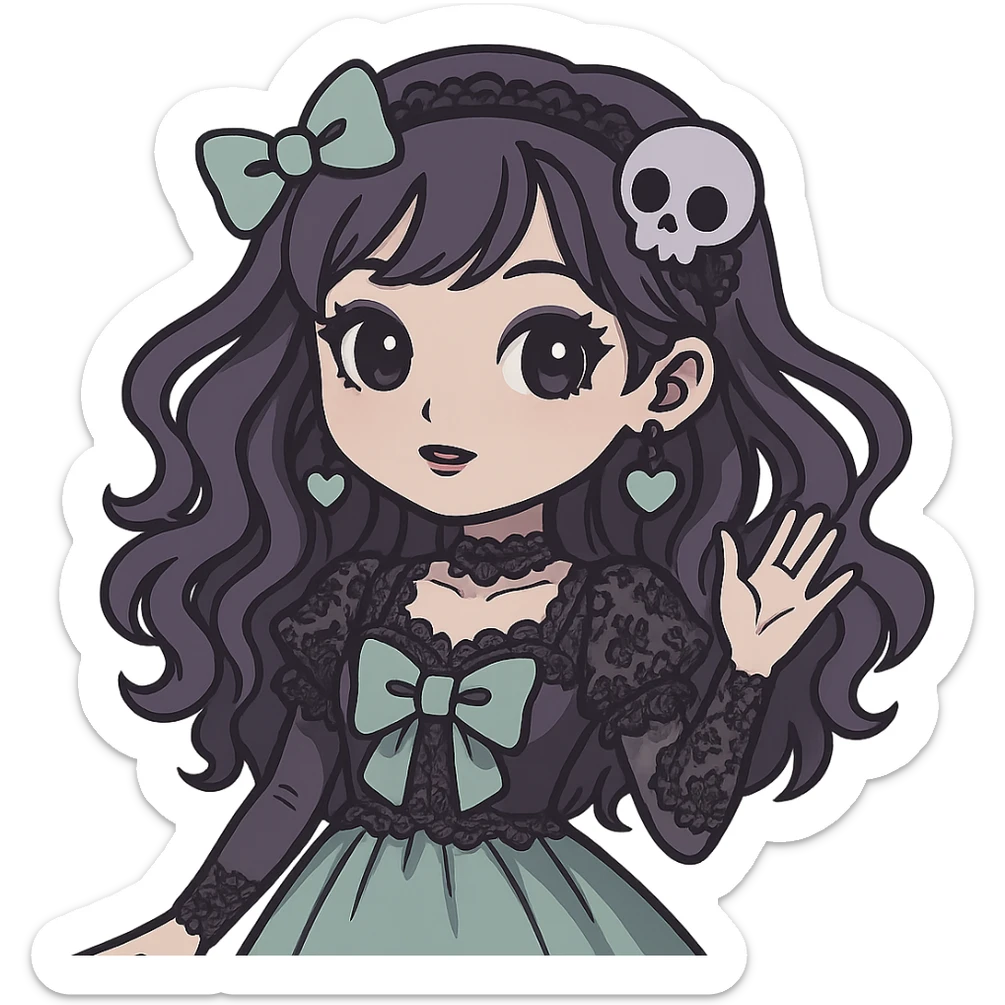 Edit the image of a dreamy pastel goth K-pop girl with dark lavender and mint colors, gothic lace, and a whimsical pose. The girl should have adorable accessories. Remove the background. The style should reflect dreamy pastel goth with gothic lace and a dark lavender and mint color palette. sticker