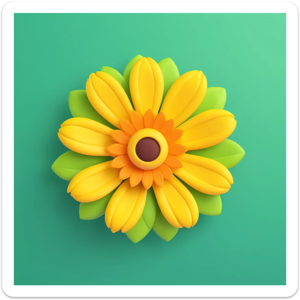 close-up yellow flower with layered petals, 3D iOS emoji style, natural green leafy background sticker