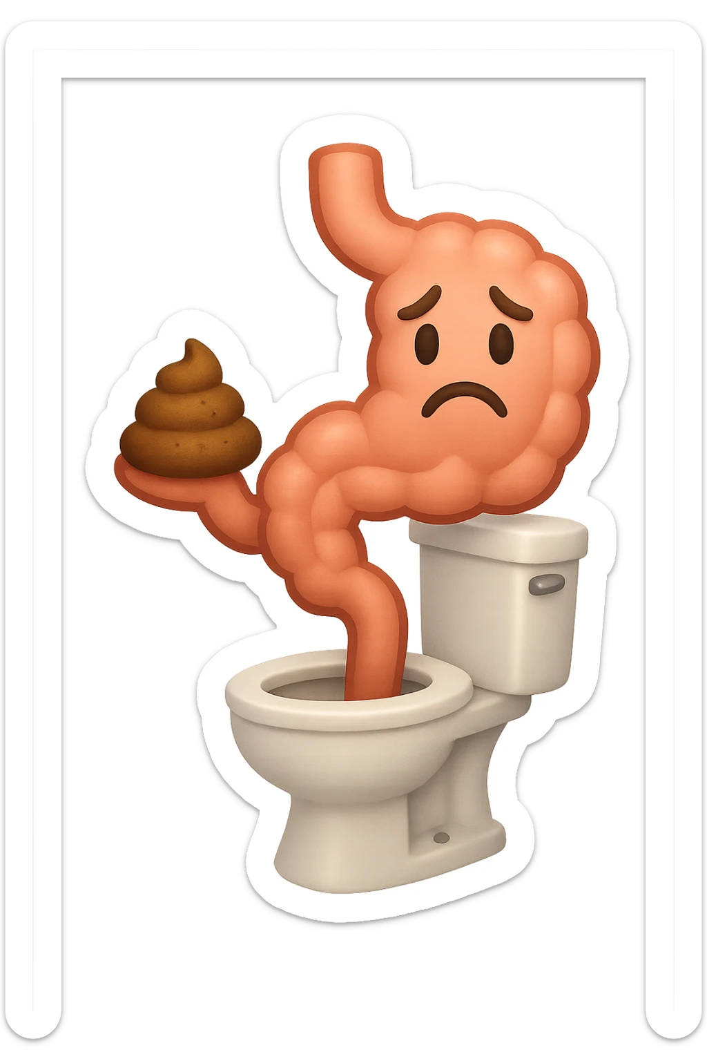 emoji stile iphone di un intestino che esce dal wc con in mano una montagnetta di feci con espressione triste a palline sticker