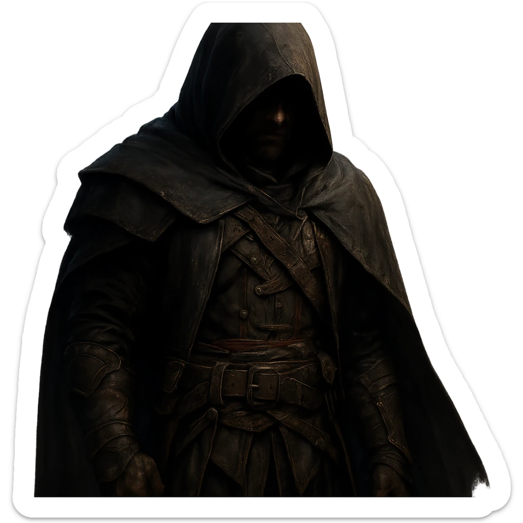 a man in assassin attire, dark cloak, hidden face, fantasy style, detailed, cinematic lighting sticker