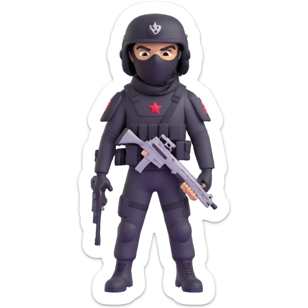 armed figure in all-black military clothing, shiesty mask, and helmet sticker