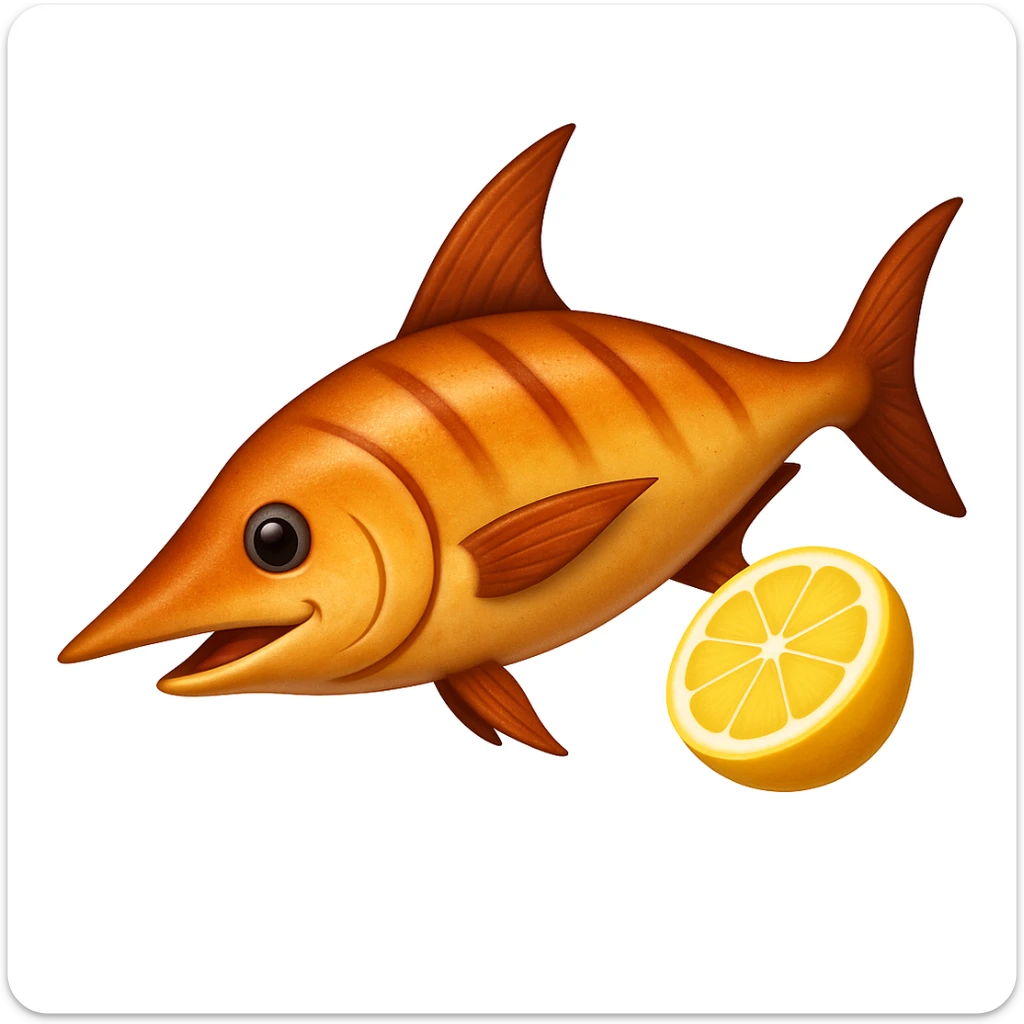 Add a prominent sword-like bill to the cooked swordfish with lemon slice, emoji style. Keep the cooked look, no garnish. sticker