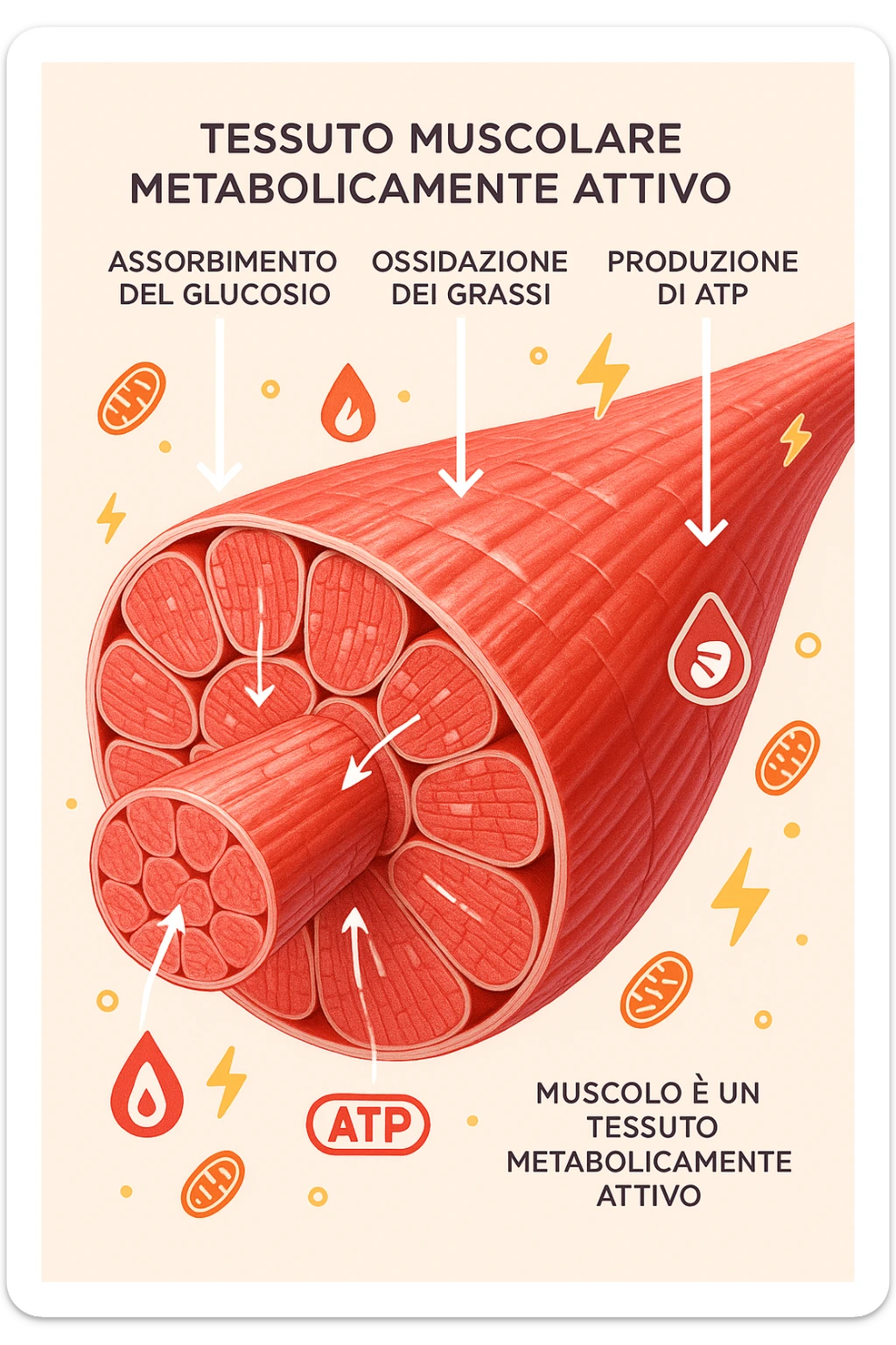 a highly detailed cross-section of human skeletal muscle fibers, shown in vibrant red and pink tones, with visible striations and realistic texture. Glowing arrows and animated icons represent active metabolic processes—such as glucose uptake, fat oxidation, and ATP production—occurring within the muscle tissue. Surrounding the muscle, floating symbols for mitochondria and energy highlight its metabolic activity. The background is clean and clinical, with subtle labels and infographics explaining that muscle is a metabolically active tissue. The overall style is modern, scientific, and visually engaging, suitable for educational or medical use. in italiano sticker