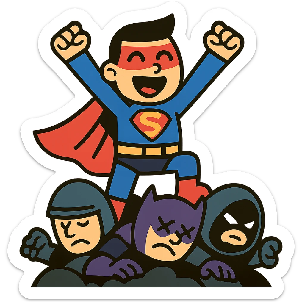 a happy hero standing on a pile of defeated enemies, arms up, victorious expression sticker
