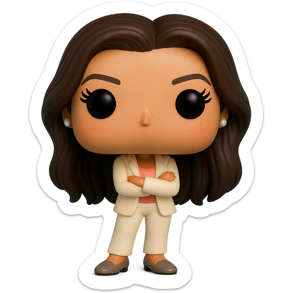 Create a Funko Pop style vinyl figure of Eva Longoria with superior quality, luminous smooth tanned skin, detailed dark hair, textured cream blazer, peach top, cream bottoms, small pearly earrings, greige leather loafers clearly visible, arms crossed, rosy cheeks, very discreet freckles, eyelashes, mischievous and cheerful expression, no mouth, transparent background. sticker