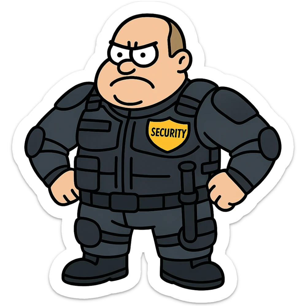 Enhance the vigilante's uniform with visible protections, a bulletproof vest, and security details. The character should have little hair. Transparent background. sticker