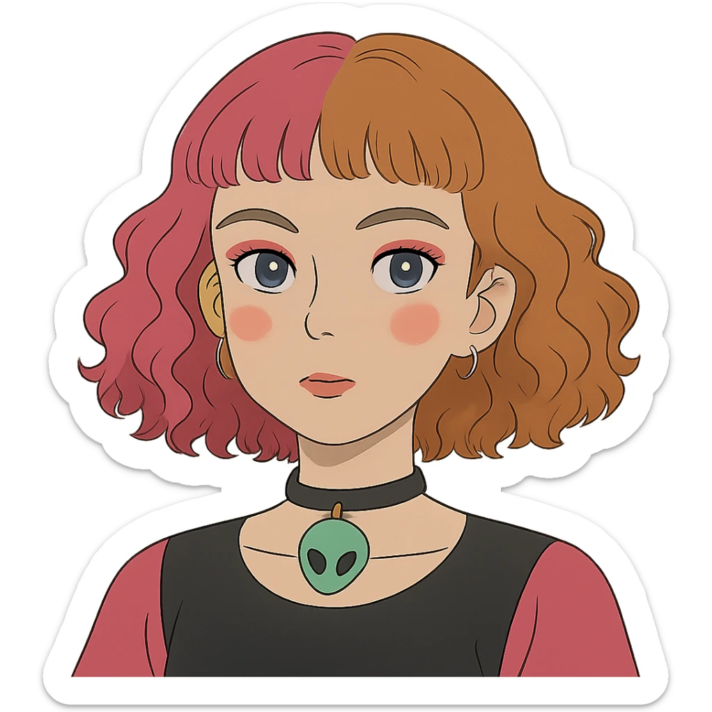 girl with blue eyes, pink makeup, narrow eyebrows, earrings, green alien head choker, black and pink blouse, curly shoulder-length hair, half hot pink half ginger, short straight baby bangs sticker