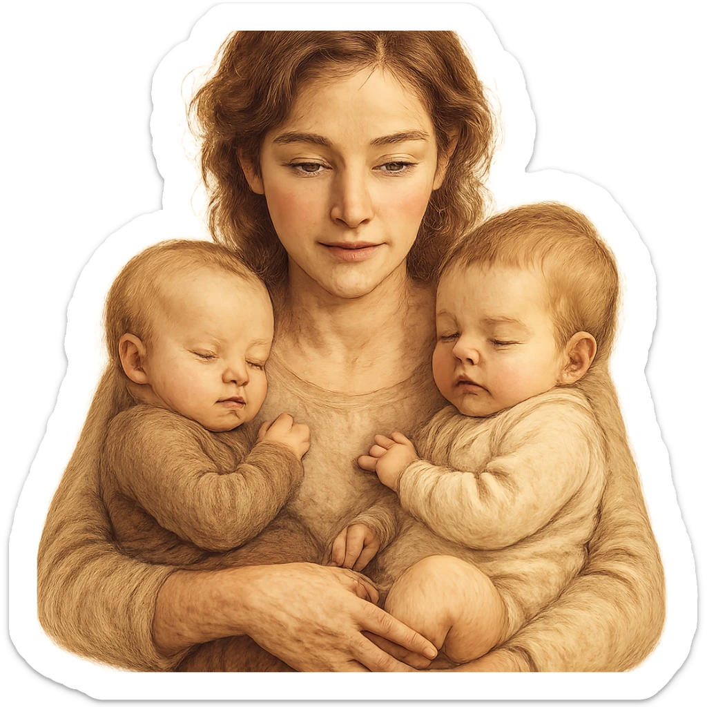 A detailed and expressive illustration of a mother holding two babies in her arms. The mother has natural proportions, detailed faces and hair, soft lines, warm color palette, soft shadows and highlights, atmosphere of coziness and love, no schematic eyes, realistic and warm style. sticker