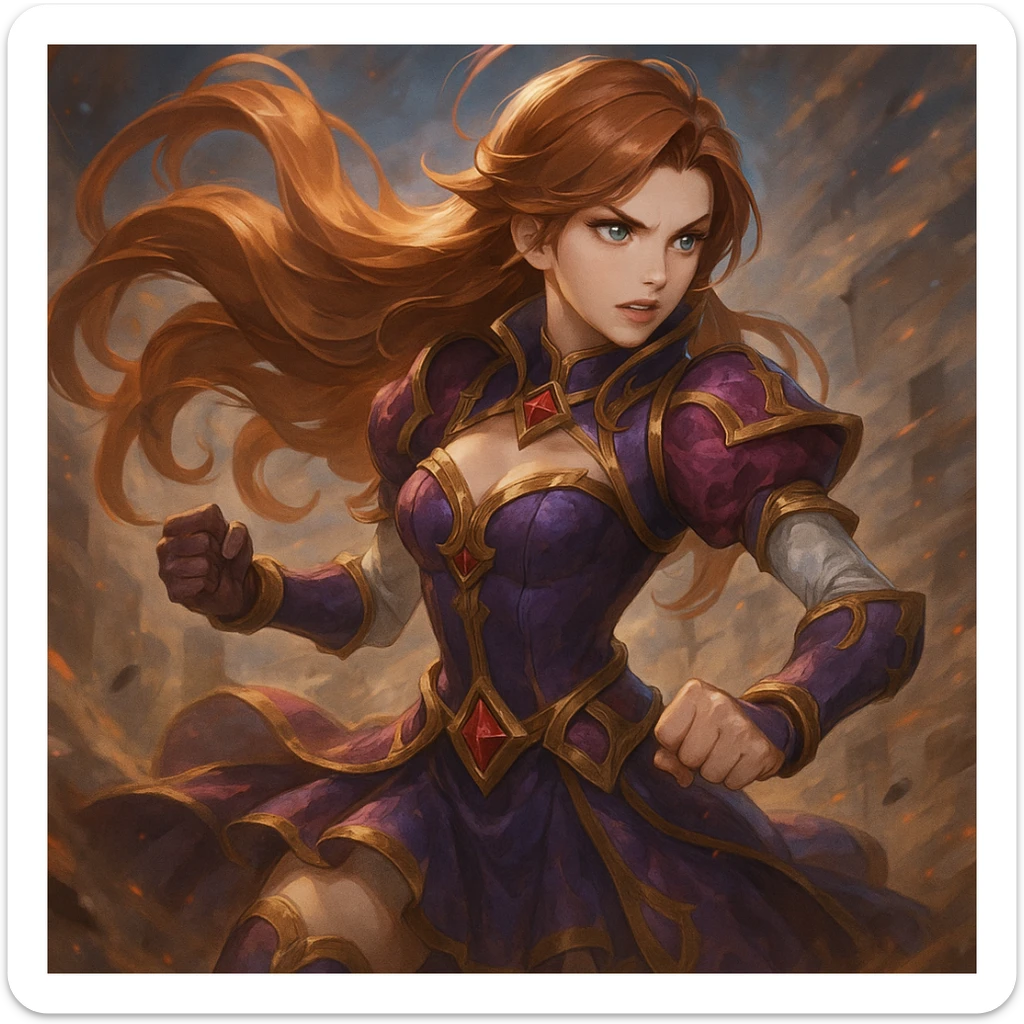 Guinevere from Mobile Legends, action stance, flowing hair, ornate outfit, heroic expression sticker